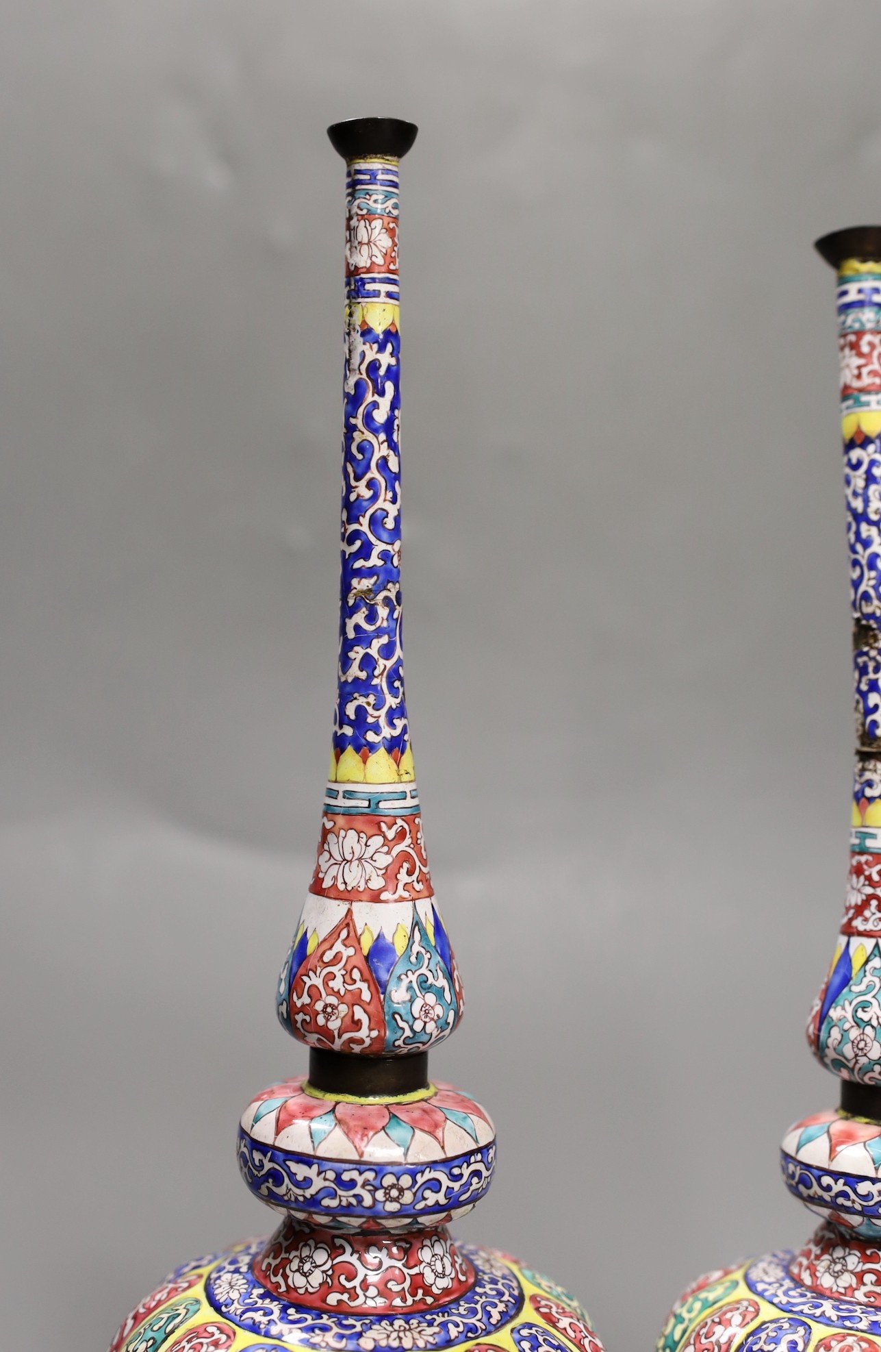 A pair of 19th century Chinese Guangzhou enamel rosewater sprinklers, made for the Indian market 30cm